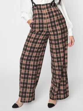 NWT Unique Vintage 1930s Style Black & Burgundy Plaid High Waist Suspender Pants